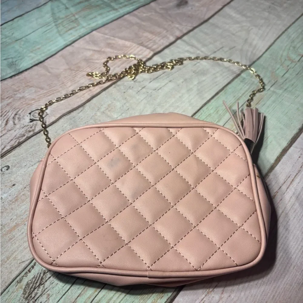 Quilted Pink Crossbody Bag with Butterfly Accent